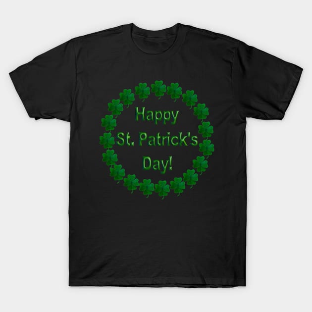 Happy St. Patrick's Day Emblem in a Ring of Shamrocks T-Shirt by Suzette Ransome Illustration & Design